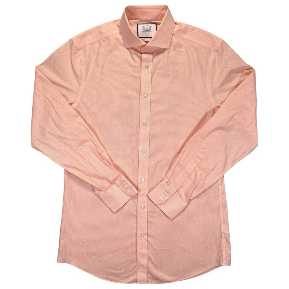 Charles Tyrwhitt Men’s 15.5/34 Dress Shirt Orange Micro Check Long Sleeve
